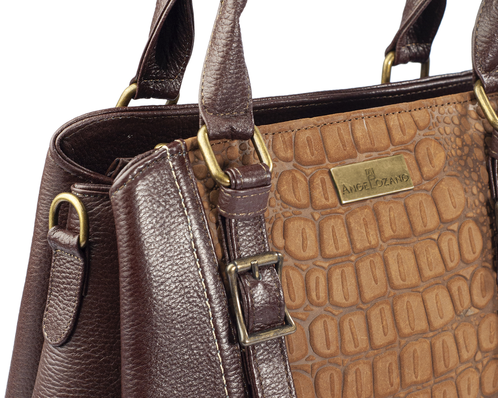 Foto 5 | Bolso Satchel A Ángelozano De Piel Vacuna Con Charol Grabado Tipo Cocodrilo, Color Café, Modelo Lourdes