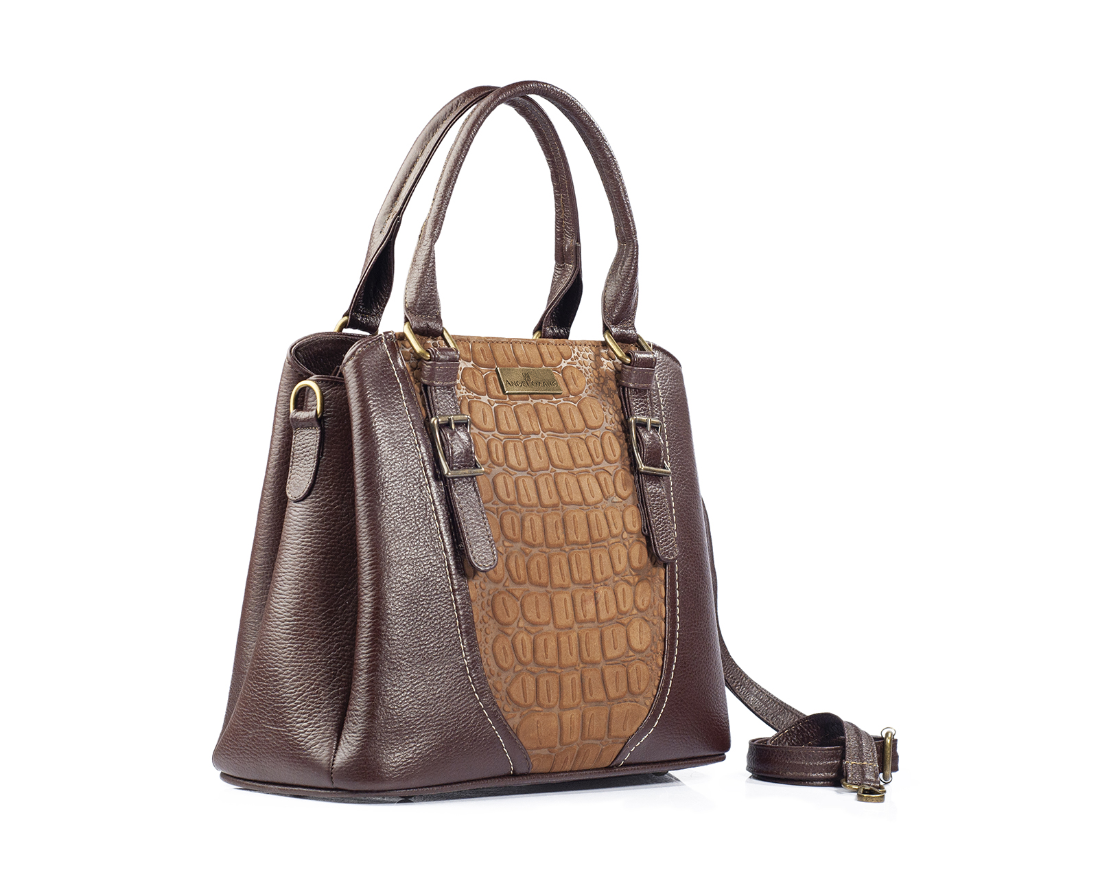 Foto 8 pulgar | Bolso Satchel A Ángelozano De Piel Vacuna Con Charol Grabado Tipo Cocodrilo, Color Café, Modelo Lourdes