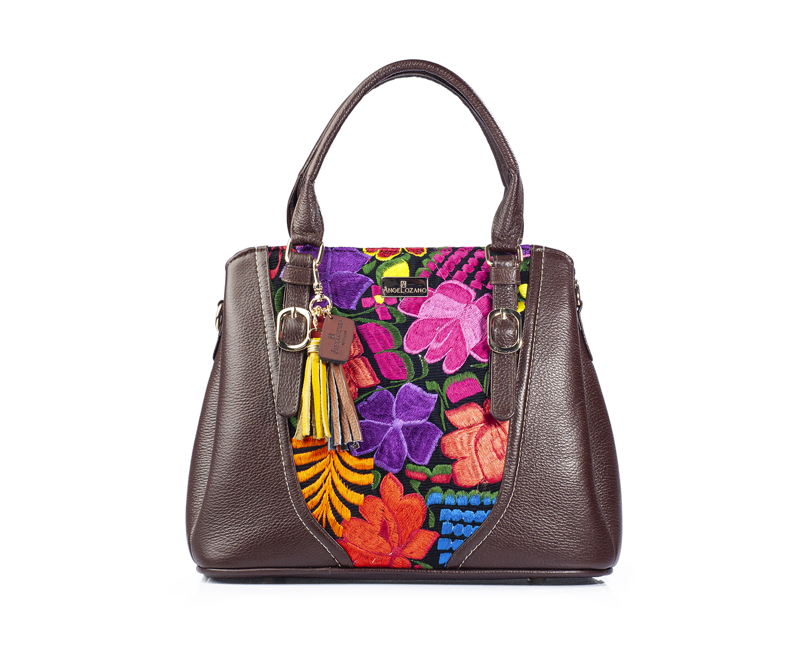 Foto 1 | Bolso Sathel A Ángelozano De Piel Vacuna Con Telar Artesanal, Color Café, Modelo Lourdes