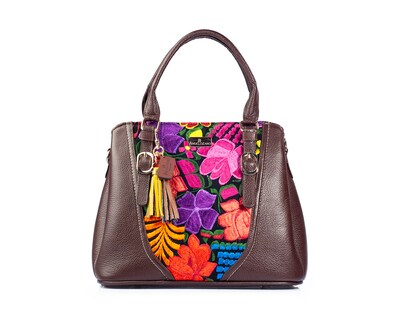 Foto 1 | Bolso Sathel A Ángelozano De Piel Vacuna Con Telar Artesanal, Color Café, Modelo Lourdes