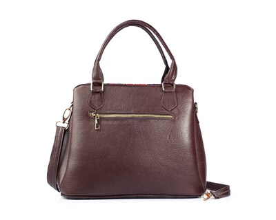 Foto 2 | Bolso Sathel A Ángelozano De Piel Vacuna Con Telar Artesanal, Color Café, Modelo Lourdes