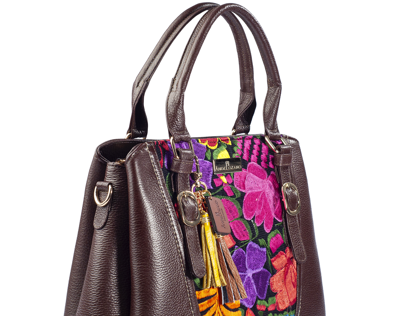 Foto 3 | Bolso Sathel A Ángelozano De Piel Vacuna Con Telar Artesanal, Color Café, Modelo Lourdes