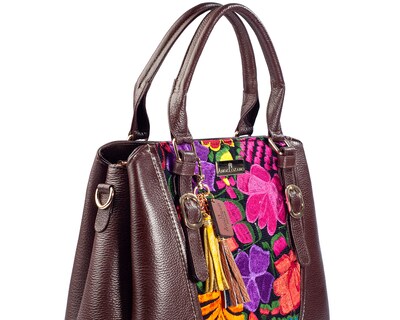 Foto 3 | Bolso Sathel A Ángelozano De Piel Vacuna Con Telar Artesanal, Color Café, Modelo Lourdes