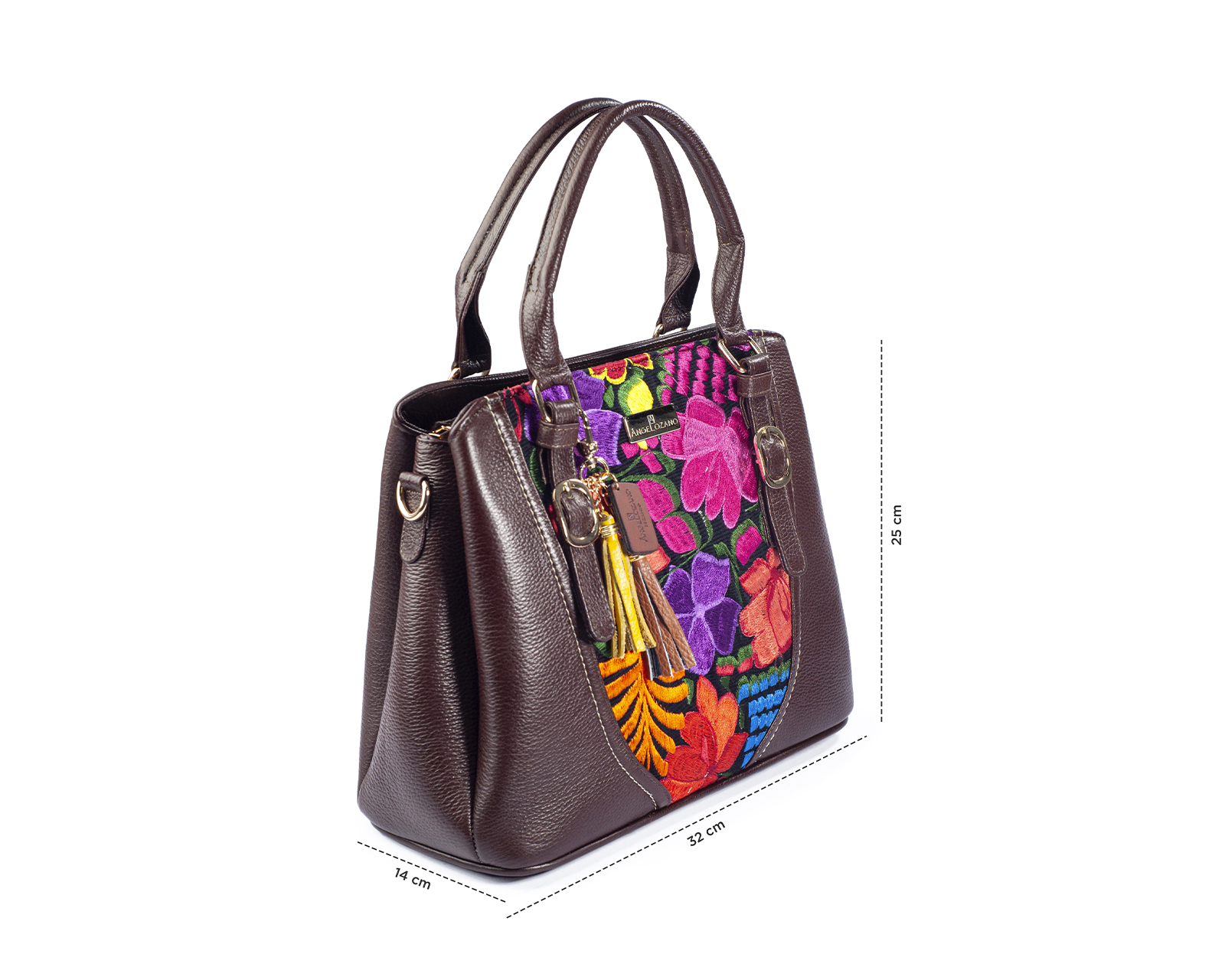 Foto 4 | Bolso Sathel A Ángelozano De Piel Vacuna Con Telar Artesanal, Color Café, Modelo Lourdes