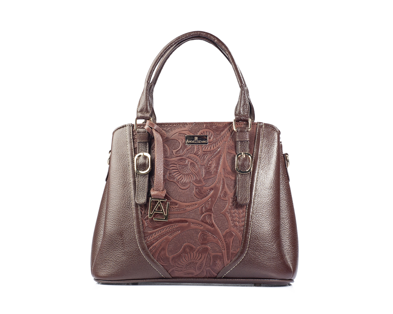 Foto 2 pulgar | Bolso Satchel A Ángelozano De Piel Vacuna Con Grabado Tipo Cincelado, Color Café, Modelo Lourdes