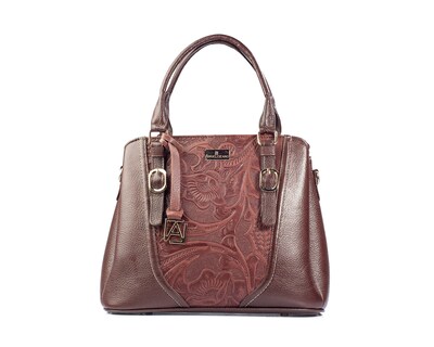 Foto 1 | Bolso Satchel A Ángelozano De Piel Vacuna Con Grabado Tipo Cincelado, Color Café, Modelo Lourdes