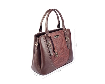 Foto 3 | Bolso Satchel A Ángelozano De Piel Vacuna Con Grabado Tipo Cincelado, Color Café, Modelo Lourdes