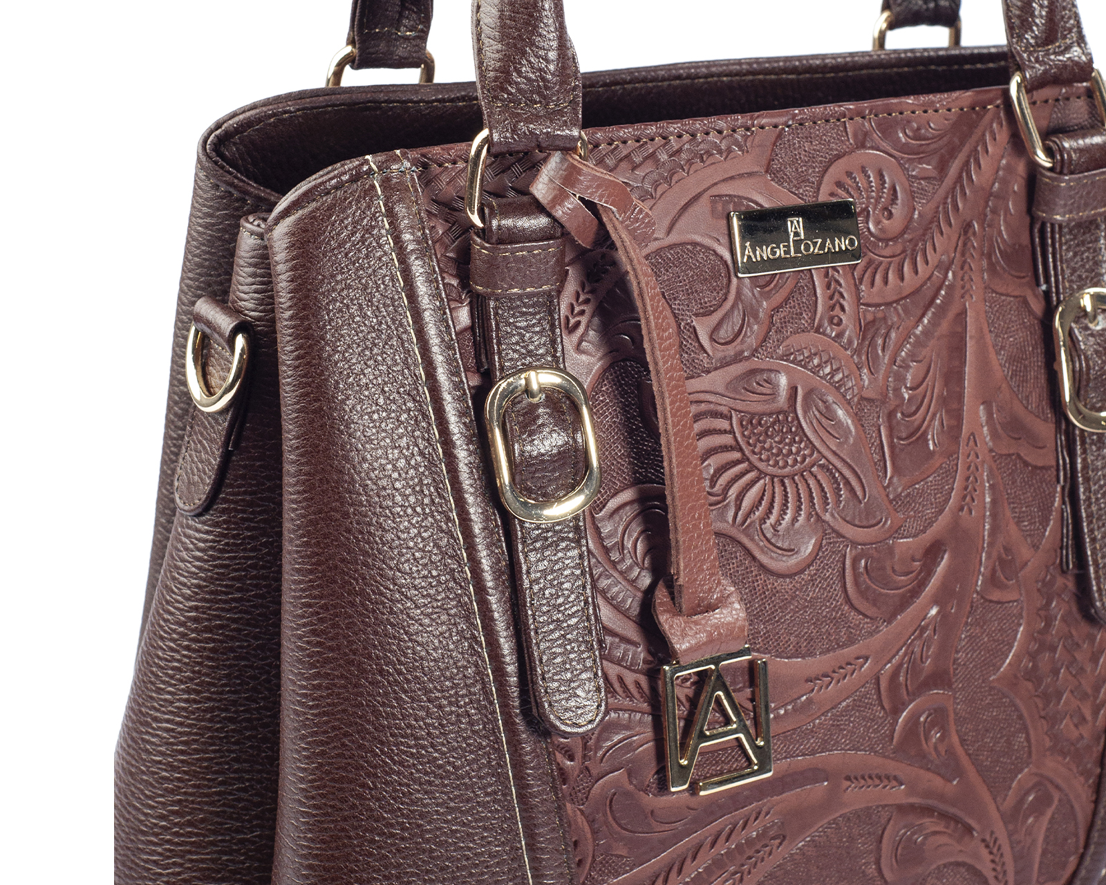 Foto 7 | Bolso Satchel A Ángelozano De Piel Vacuna Con Grabado Tipo Cincelado, Color Café, Modelo Lourdes