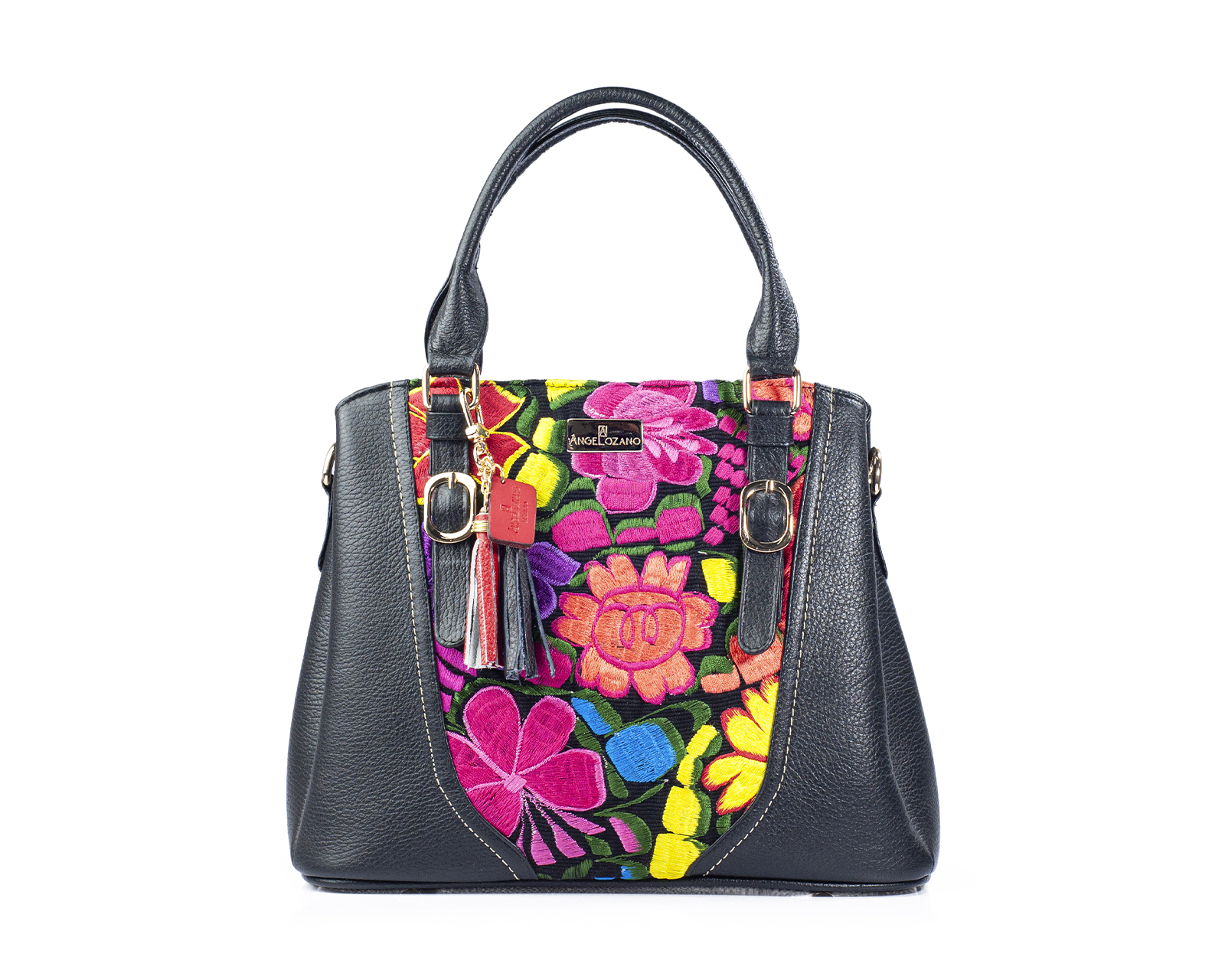 Foto 1 | Bolso Sathel A Ángelozano De Piel Vacuna Con Telar Artesanal, Color Negro, Modelo Lourdes