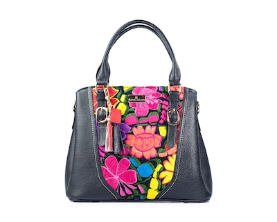 Foto 1 | Bolso Sathel A Ángelozano De Piel Vacuna Con Telar Artesanal, Color Negro, Modelo Lourdes