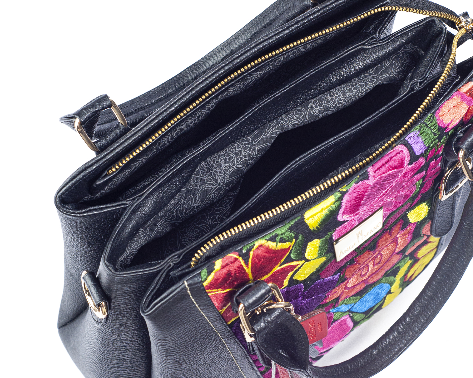 Foto 3 pulgar | Bolso Sathel A Ángelozano De Piel Vacuna Con Telar Artesanal, Color Negro, Modelo Lourdes