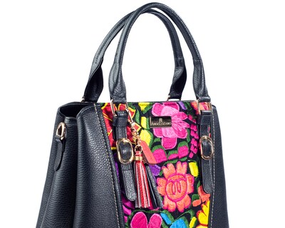 Foto 4 | Bolso Sathel A Ángelozano De Piel Vacuna Con Telar Artesanal, Color Negro, Modelo Lourdes