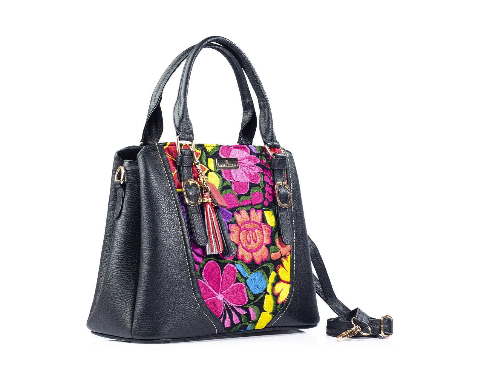 Foto 5 | Bolso Sathel A Ángelozano De Piel Vacuna Con Telar Artesanal, Color Negro, Modelo Lourdes