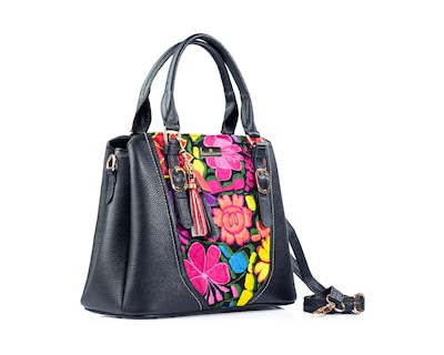 Foto 5 | Bolso Sathel A Ángelozano De Piel Vacuna Con Telar Artesanal, Color Negro, Modelo Lourdes