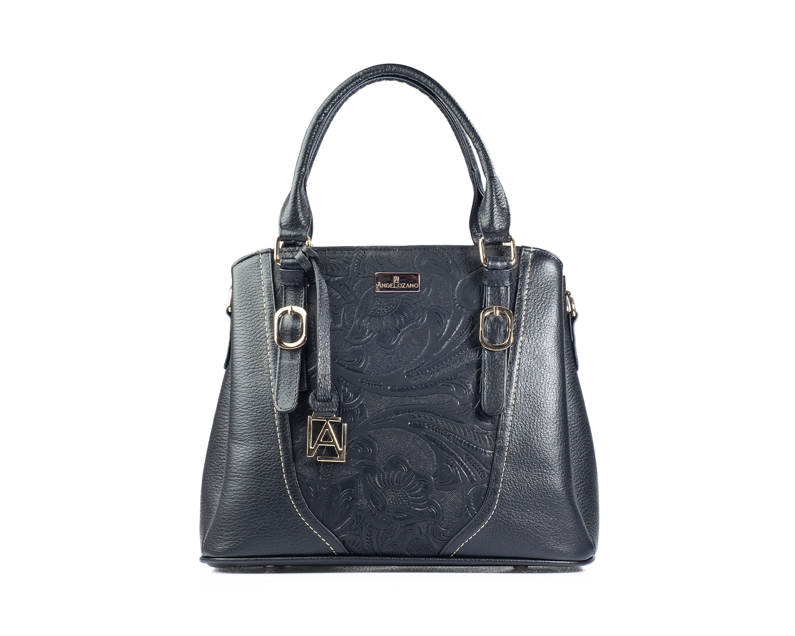 Foto 2 pulgar | Bolso Satchel A Ángelozano De Piel Vacuna Con Grabado Tipo Cincelado, Color Negro, Modelo Lourdes