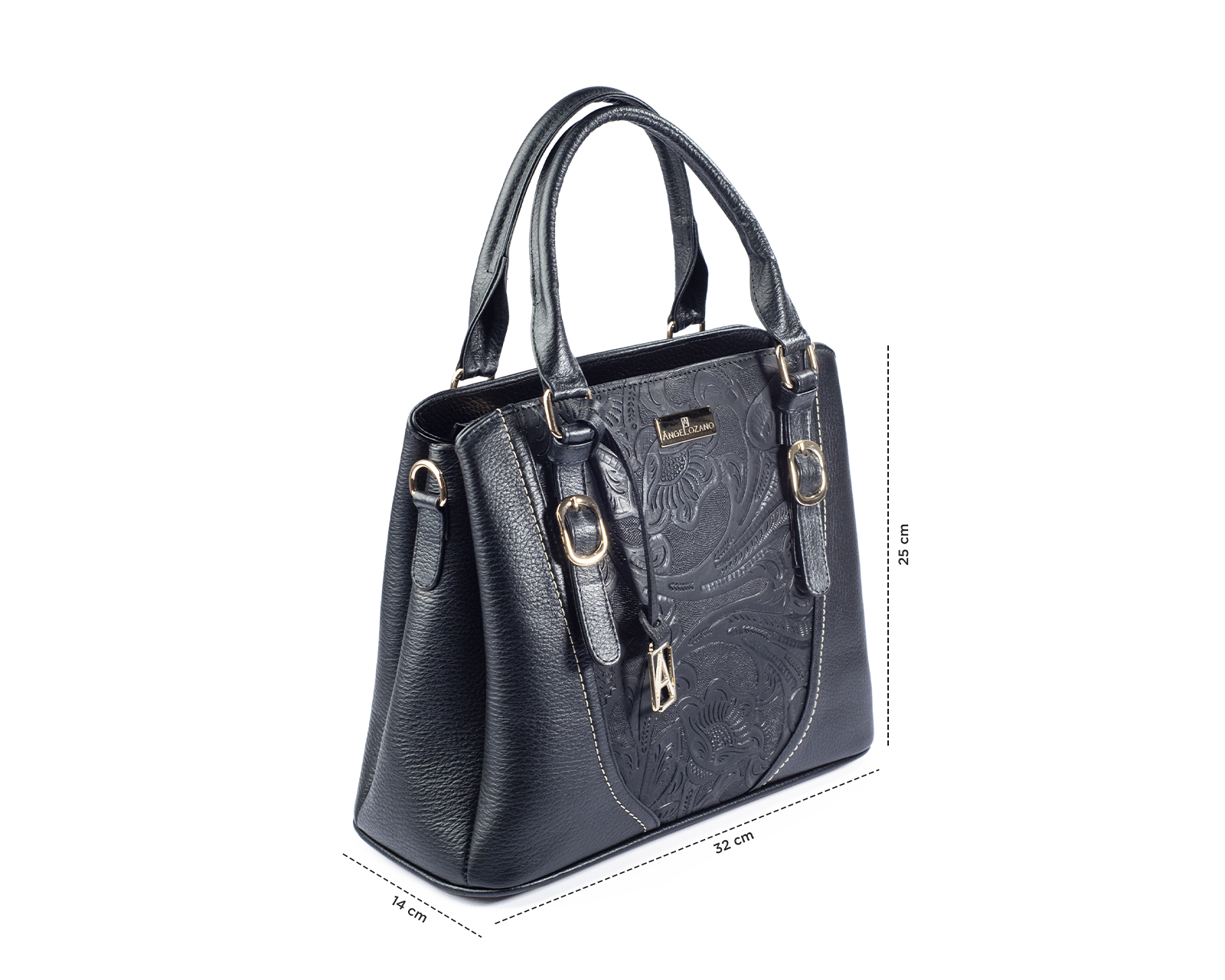 Foto 4 pulgar | Bolso Satchel A Ángelozano De Piel Vacuna Con Grabado Tipo Cincelado, Color Negro, Modelo Lourdes