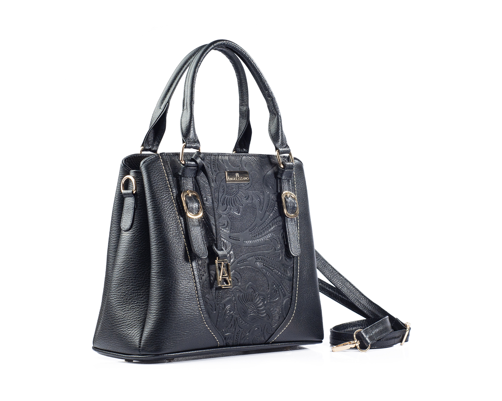 Foto 5 pulgar | Bolso Satchel A Ángelozano De Piel Vacuna Con Grabado Tipo Cincelado, Color Negro, Modelo Lourdes