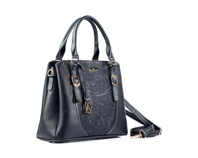 Foto 4 | Bolso Satchel A Ángelozano De Piel Vacuna Con Grabado Tipo Cincelado, Color Negro, Modelo Lourdes