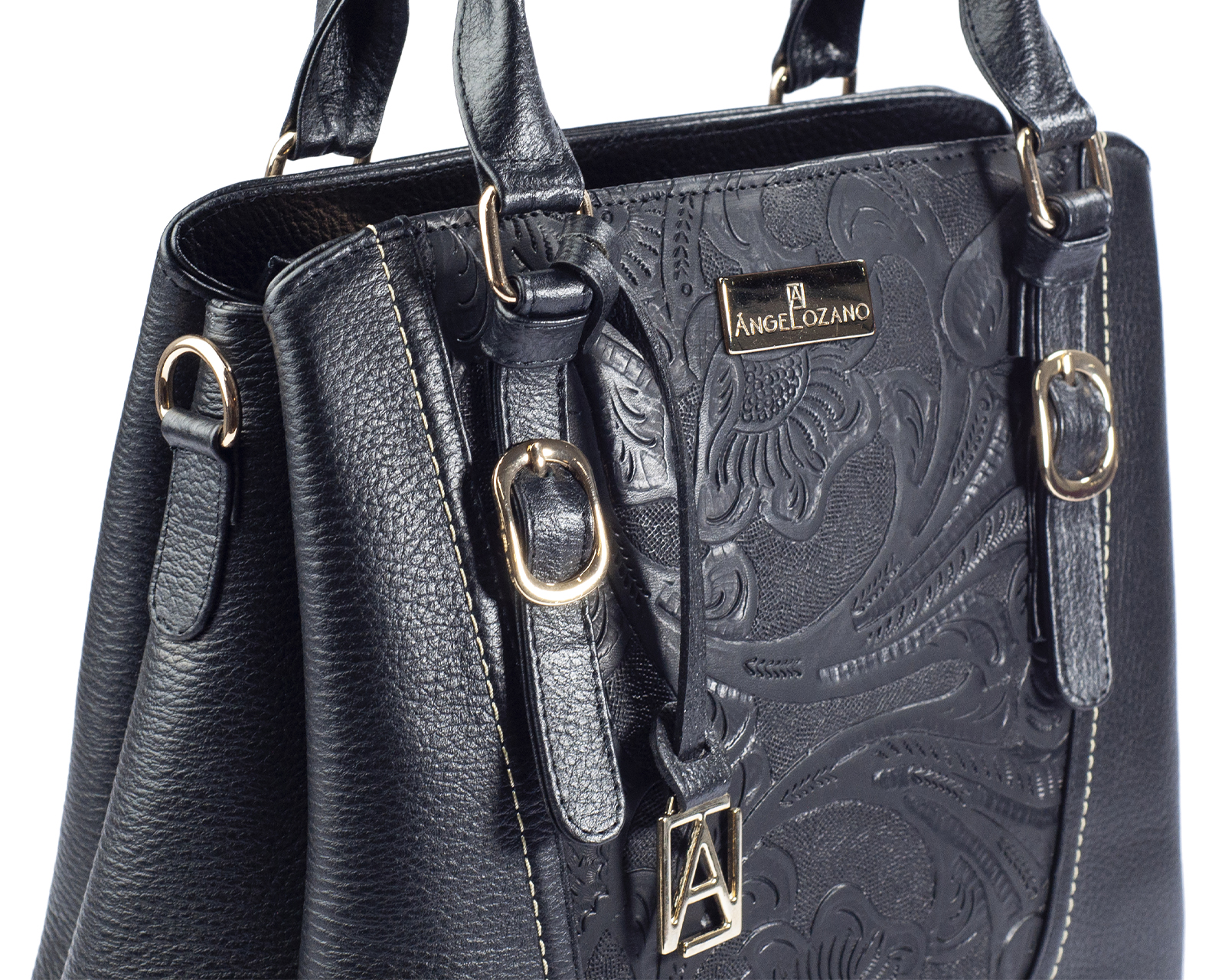 Foto 6 pulgar | Bolso Satchel A Ángelozano De Piel Vacuna Con Grabado Tipo Cincelado, Color Negro, Modelo Lourdes