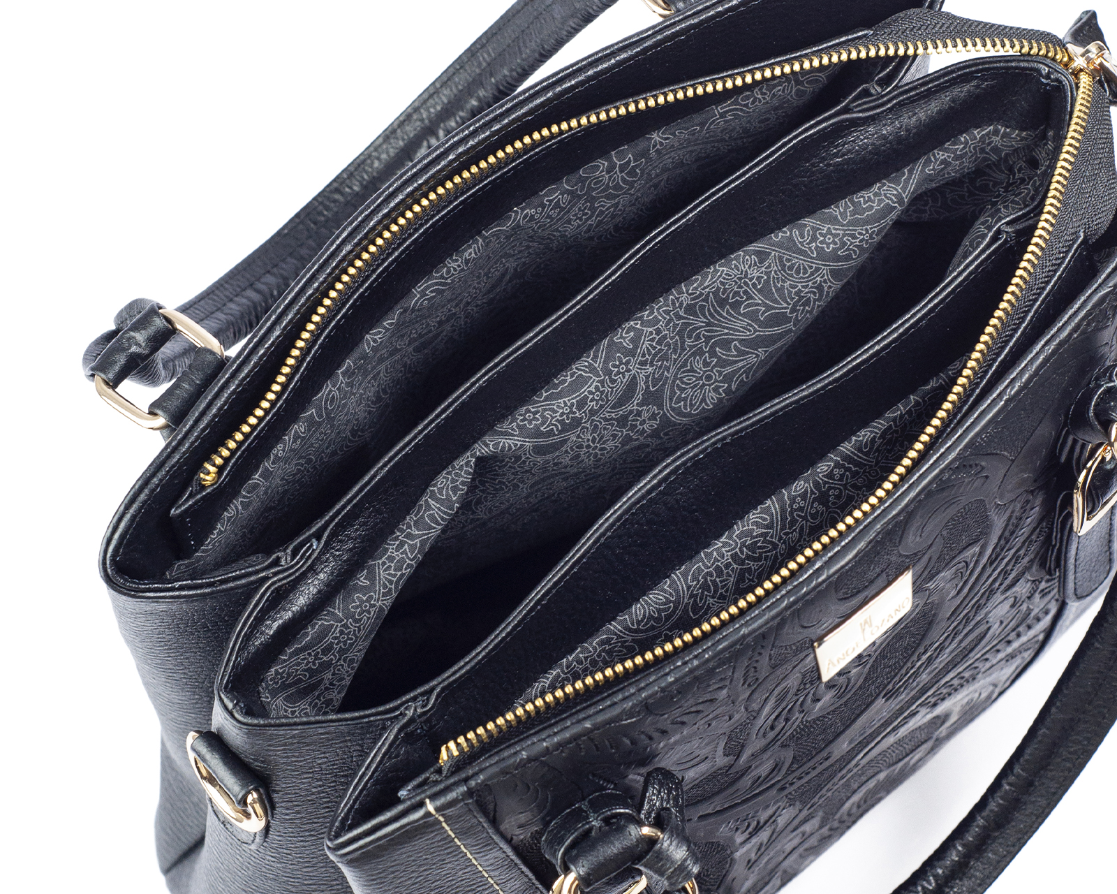 Foto 7 pulgar | Bolso Satchel A Ángelozano De Piel Vacuna Con Grabado Tipo Cincelado, Color Negro, Modelo Lourdes