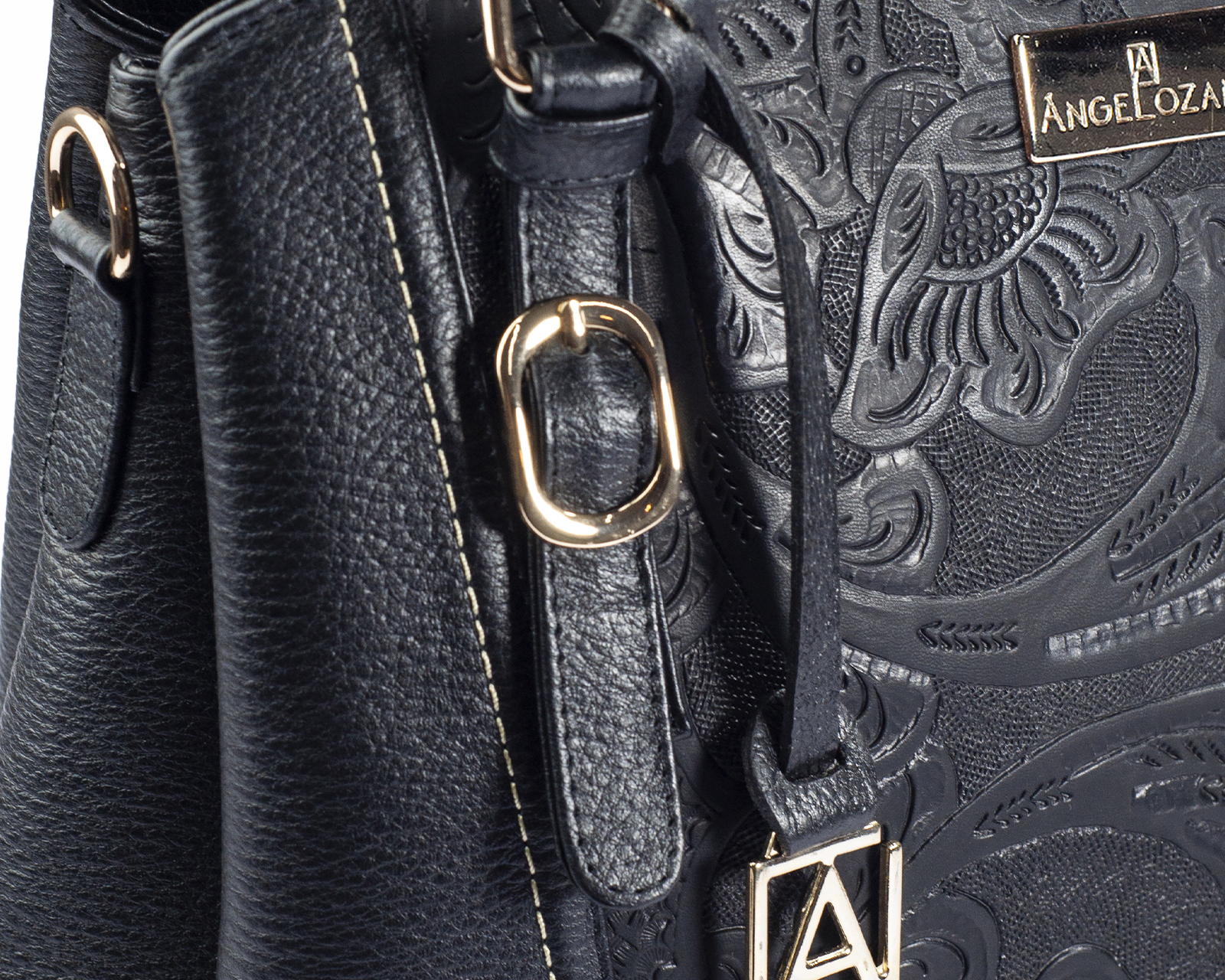 Foto 8 pulgar | Bolso Satchel A Ángelozano De Piel Vacuna Con Grabado Tipo Cincelado, Color Negro, Modelo Lourdes