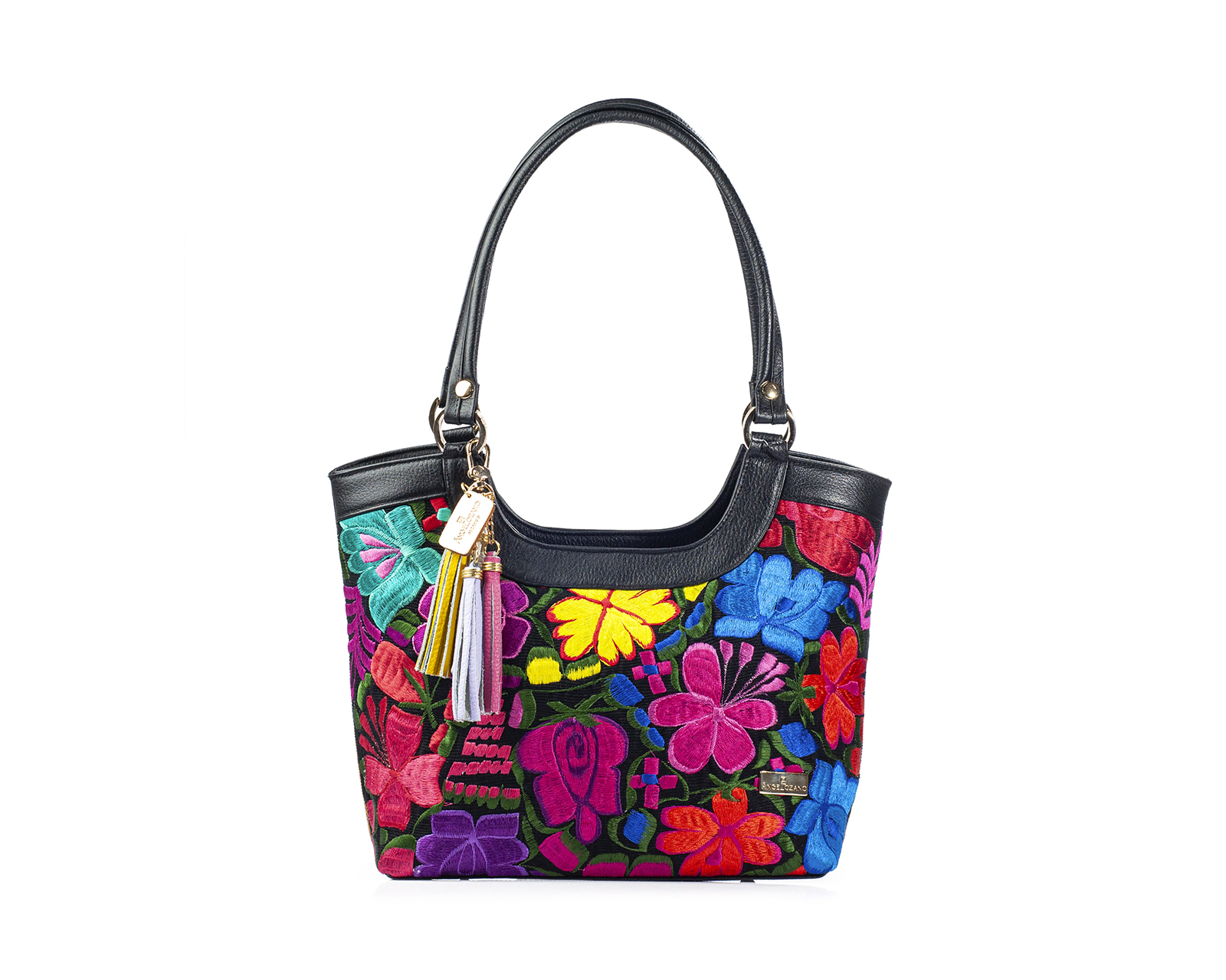 Foto 2 pulgar | Bolso Tote A Ángelozano De Piel Vacuna Con Telar Artesanal, Color Negro, Modelo Graciela