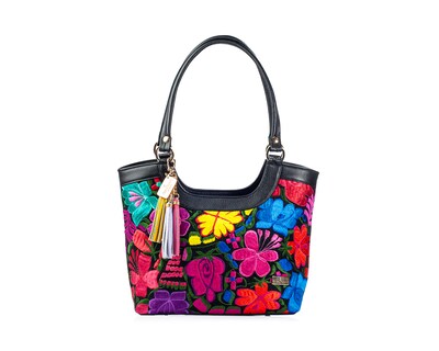 Foto 1 | Bolso Tote A Ángelozano De Piel Vacuna Con Telar Artesanal, Color Negro, Modelo Graciela