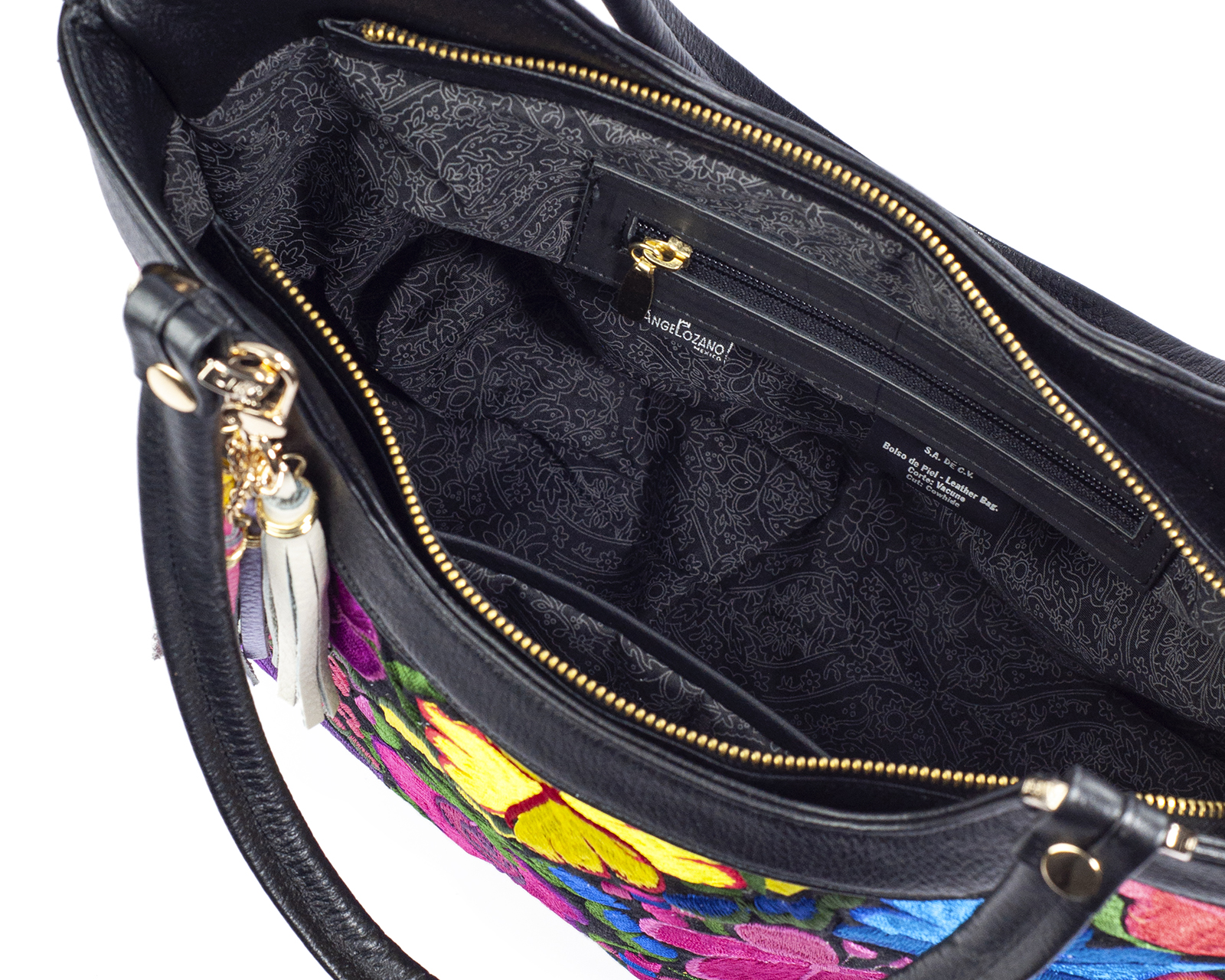 Foto 4 pulgar | Bolso Tote A Ángelozano De Piel Vacuna Con Telar Artesanal, Color Negro, Modelo Graciela