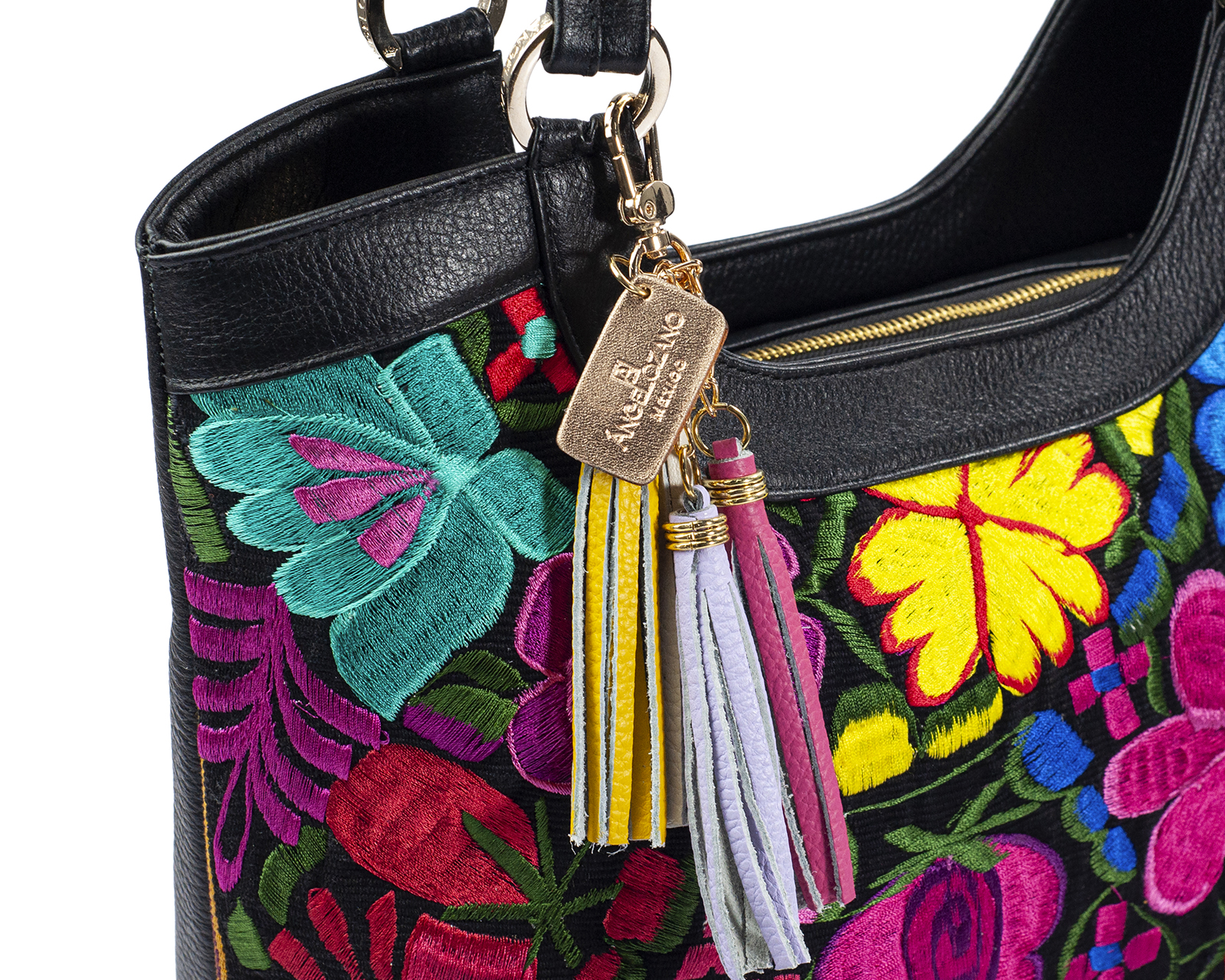 Foto 6 pulgar | Bolso Tote A Ángelozano De Piel Vacuna Con Telar Artesanal, Color Negro, Modelo Graciela