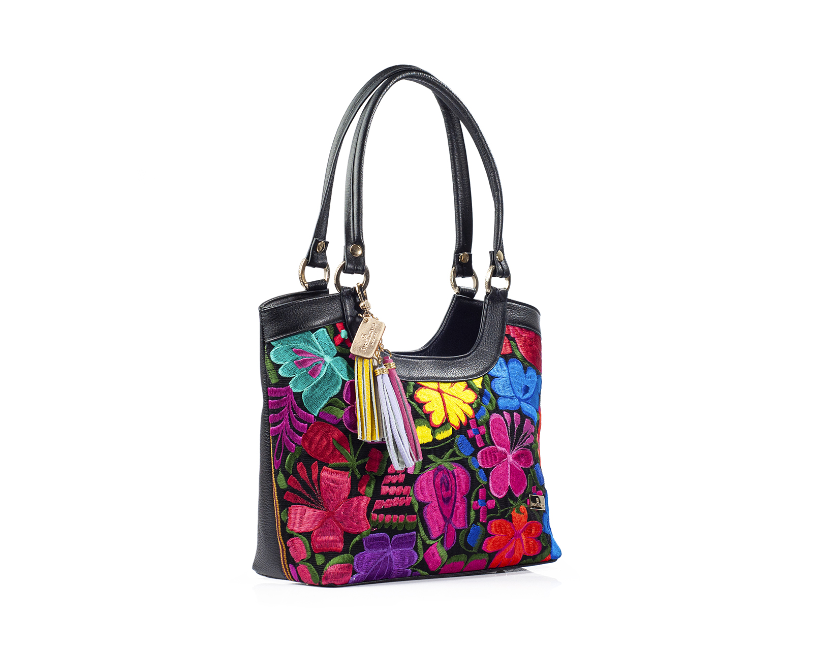 Foto 7 pulgar | Bolso Tote A Ángelozano De Piel Vacuna Con Telar Artesanal, Color Negro, Modelo Graciela