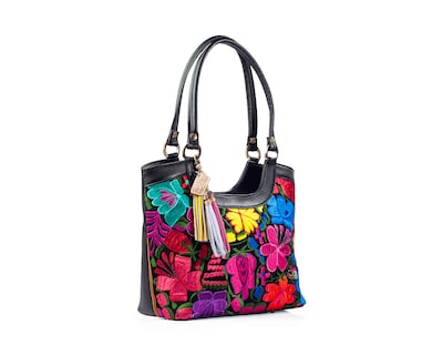 Foto 6 | Bolso Tote A Ángelozano De Piel Vacuna Con Telar Artesanal, Color Negro, Modelo Graciela