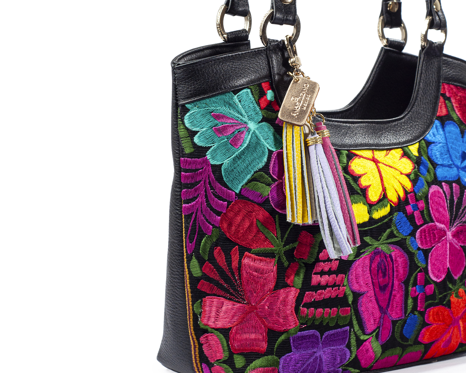 Foto 8 pulgar | Bolso Tote A Ángelozano De Piel Vacuna Con Telar Artesanal, Color Negro, Modelo Graciela
