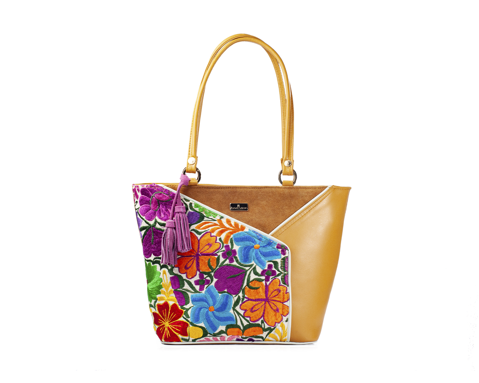 Foto 1 | Bolso Tote A Ángelozano De Piel Vacuna Con Telar Artesanal, Color Camel, Modelo Florentina Negro, Modelo Graciela