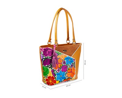 Foto 3 | Bolso Tote A Ángelozano De Piel Vacuna Con Telar Artesanal, Color Camel, Modelo Florentina Negro, Modelo Graciela