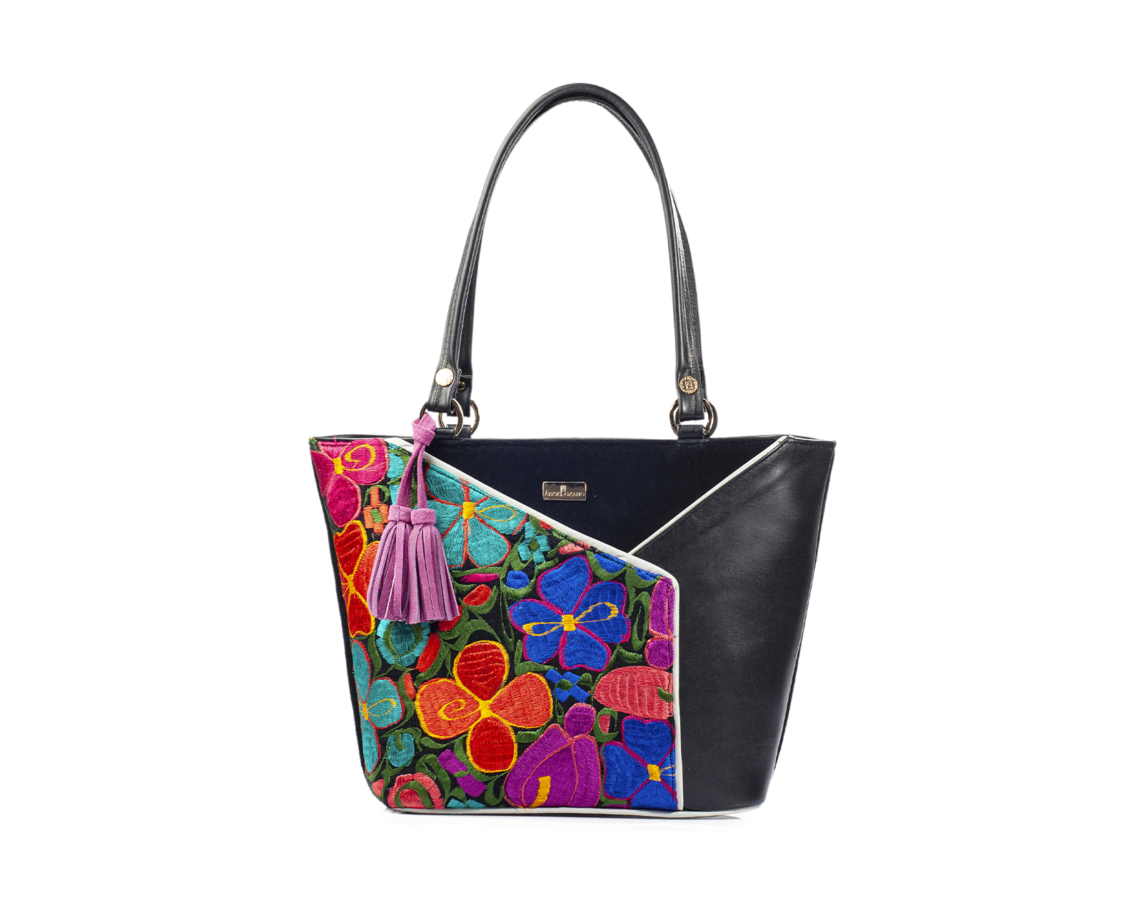 Foto 2 pulgar | Bolso Tote A Ángelozano De Piel Vacuna Con Telar Artesanal, Color Negro, Modelo Florentinagraciela