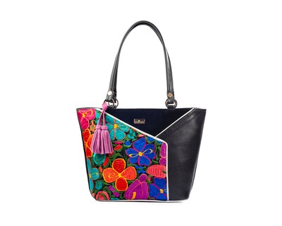 Foto 1 | Bolso Tote A Ángelozano De Piel Vacuna Con Telar Artesanal, Color Negro, Modelo Florentinagraciela