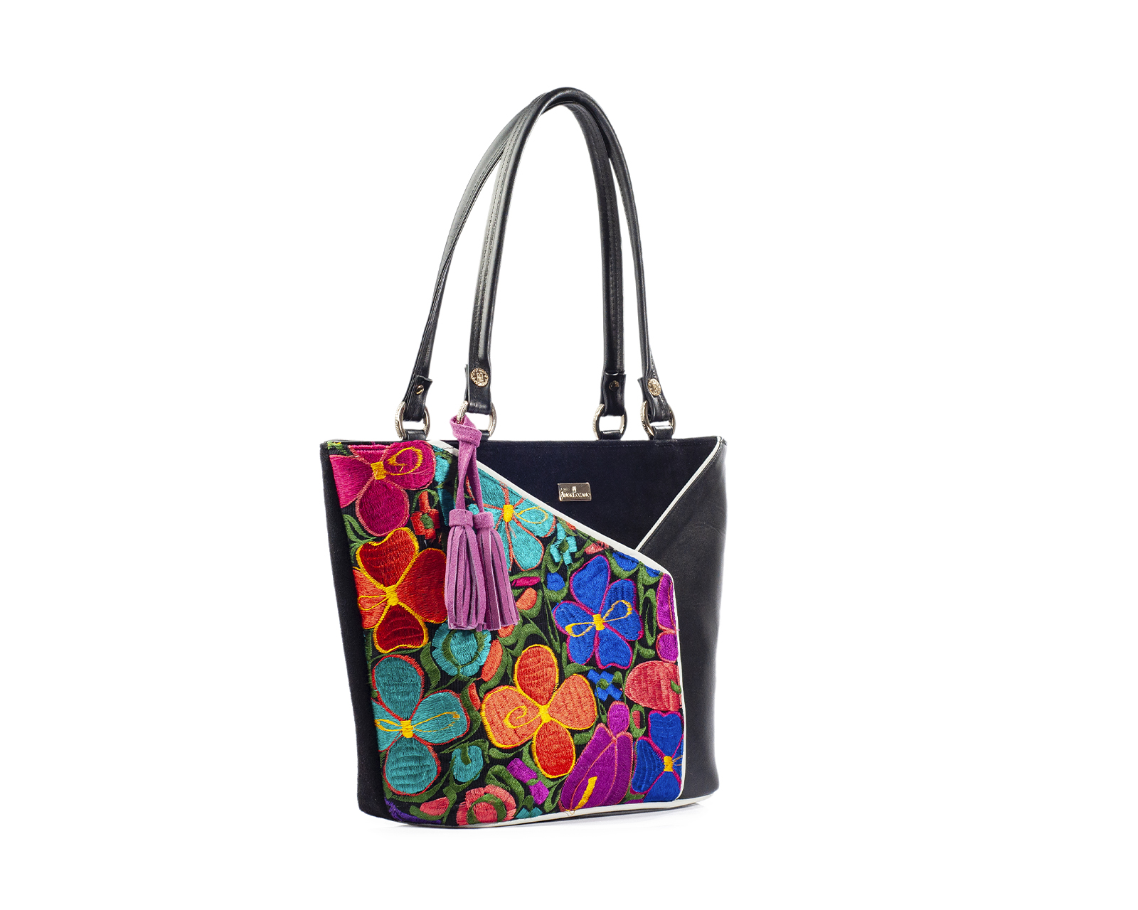 Foto 4 pulgar | Bolso Tote A Ángelozano De Piel Vacuna Con Telar Artesanal, Color Negro, Modelo Florentinagraciela