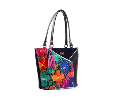 Foto 3 | Bolso Tote A Ángelozano De Piel Vacuna Con Telar Artesanal, Color Negro, Modelo Florentinagraciela