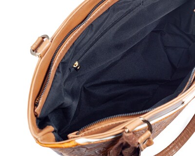 Foto 3 | Bolso Tote A Ángelozano De Piel Vacuna Con Piel Grabada, Color Camel, Modelo Florentina