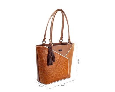 Foto 5 | Bolso Tote A Ángelozano De Piel Vacuna Con Piel Grabada, Color Camel, Modelo Florentina
