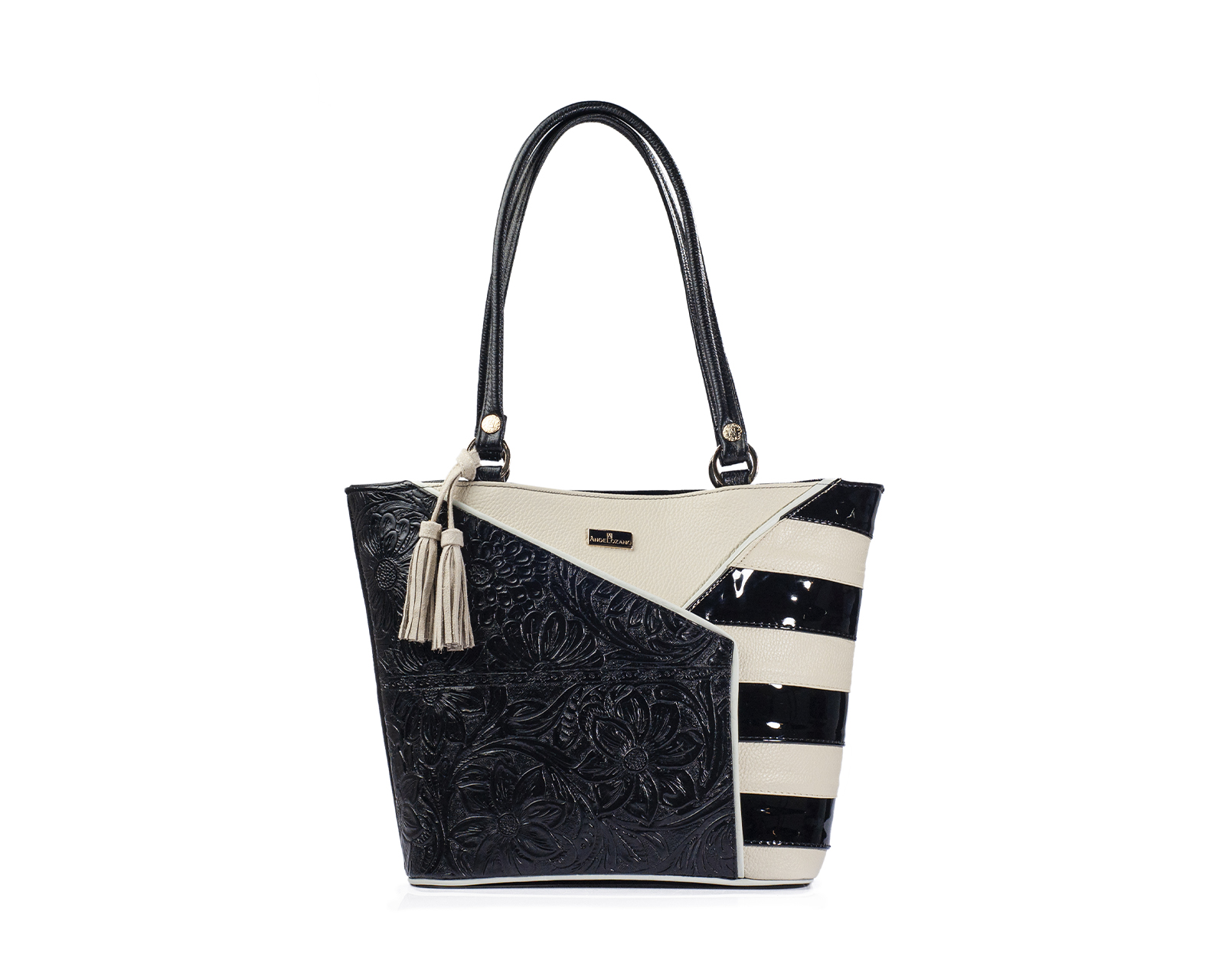 Foto 2 pulgar | Bolso Tote A Ángelozano De Piel Vacuna Con Franjas, Color Negro, Modelo Florentina