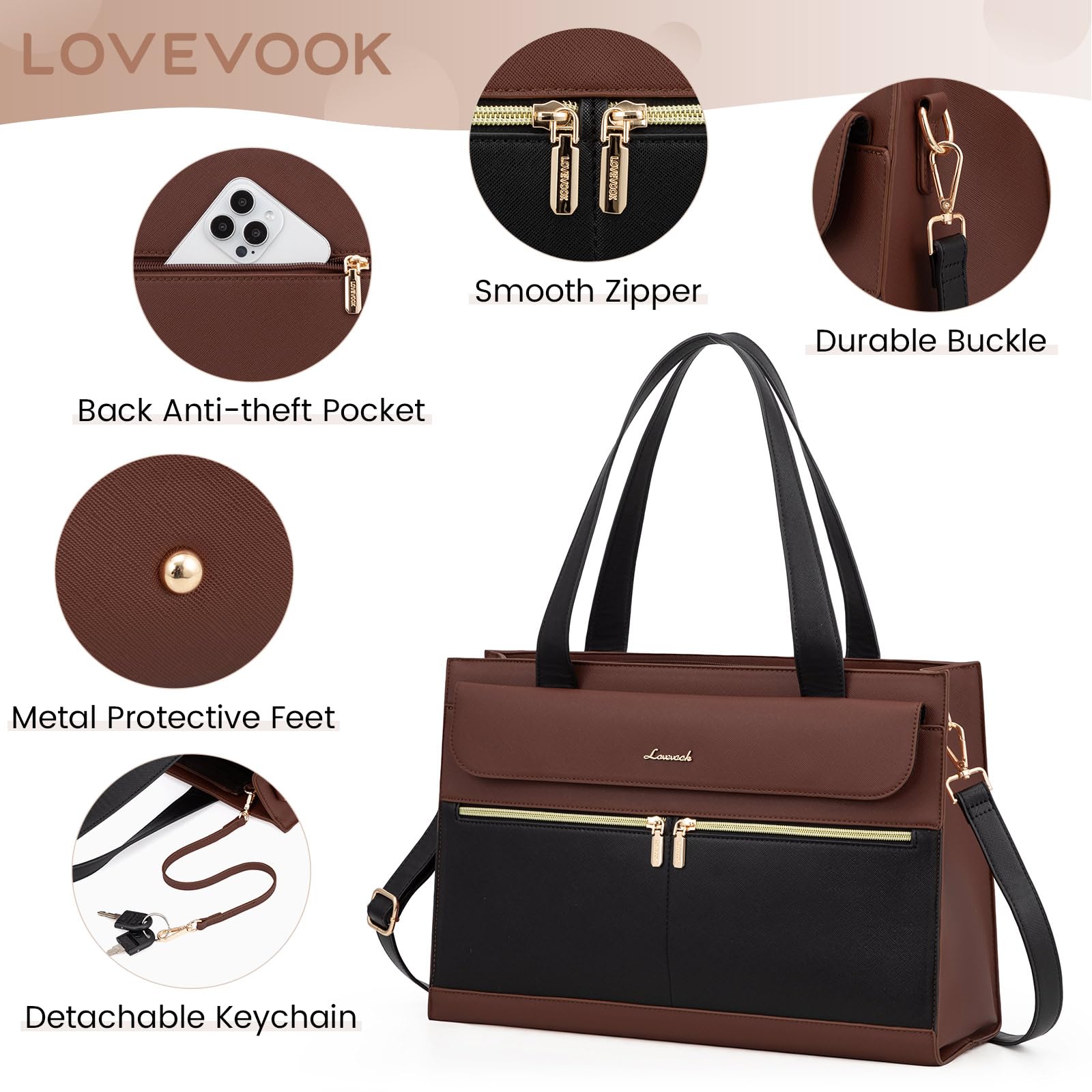 Foto 4 | Maletín Para Portátil Lovevook Para Mujer, Impermeable, Negro Y Marrón - Venta Internacional.