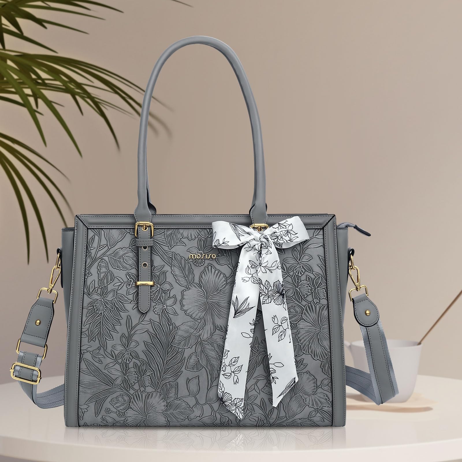 Foto 5 | Bolsa De Mano Mosiso Para Portátil Para Mujer De 17 A 17 Pulgadas, Piel Sintética, Gris - Venta Internacional.