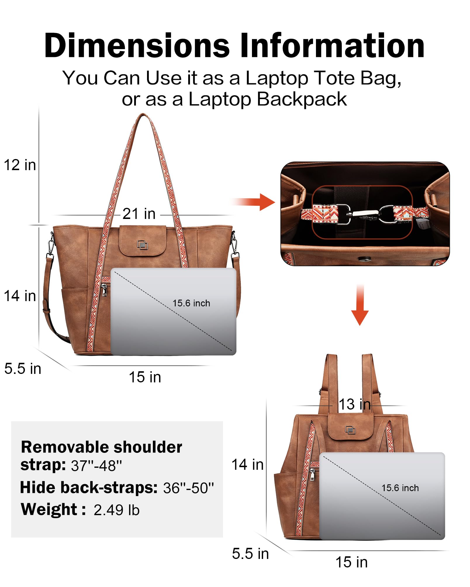 Foto 4 pulgar | Bolsa Fadeon Para Portátil, Tamaño Grande, Piel, Para Mujer, Color Marrón - Venta Internacional.