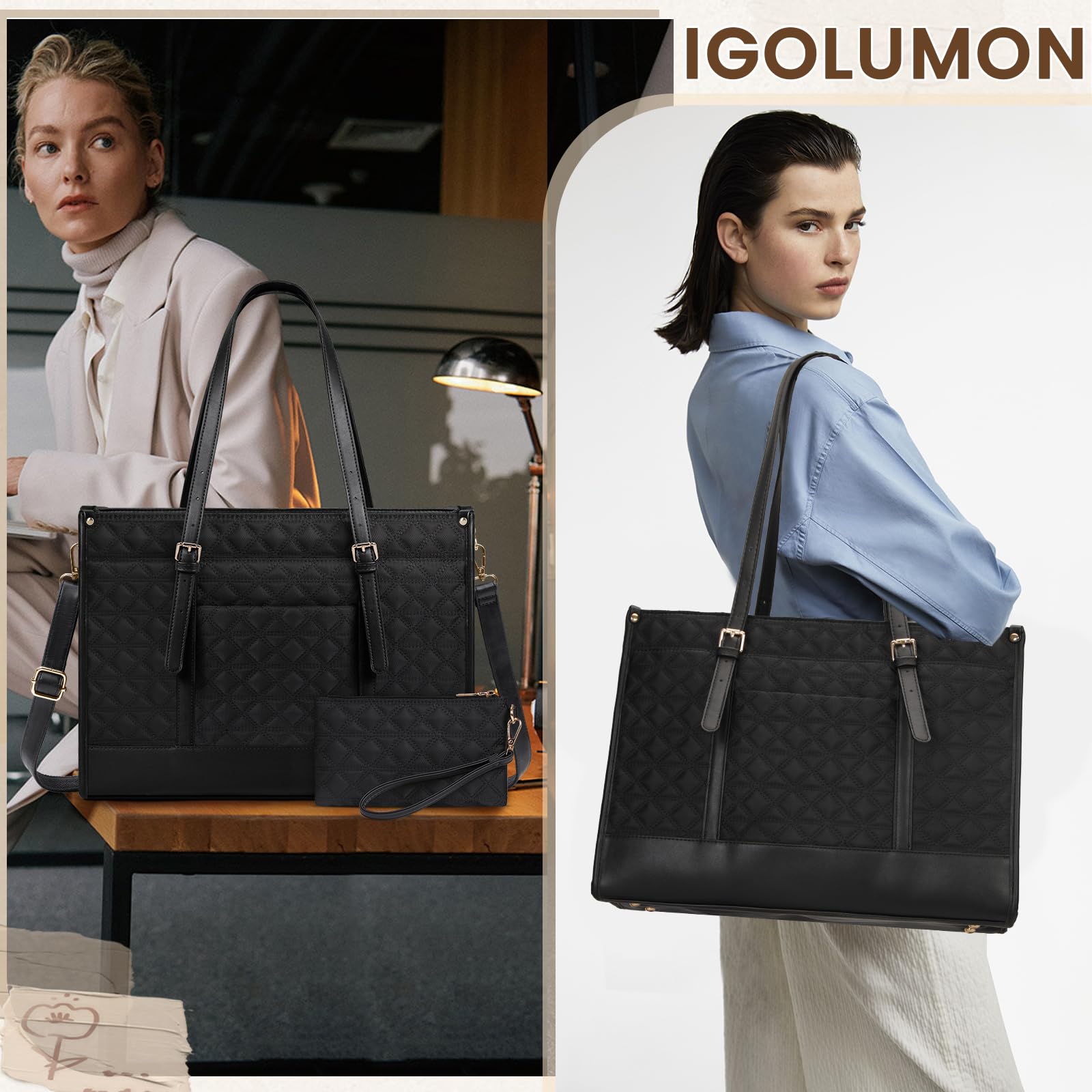 Foto 5 | Bolsa Para Portátil Igolumon Para Mujer, 15.6 Pulgadas, Piel Vegana, Color Negro - Venta Internacional.