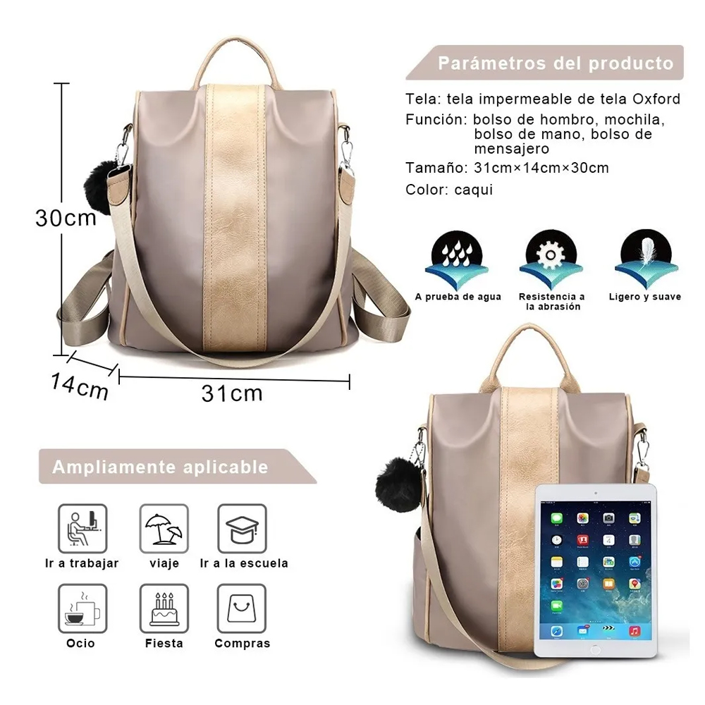 Foto 3 pulgar | Mochila Impermeable GEN color Beige Crema de Nylon para Mujer