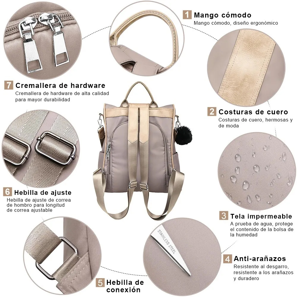 Foto 3 | Mochila Impermeable GEN color Beige Crema de Nylon para Mujer