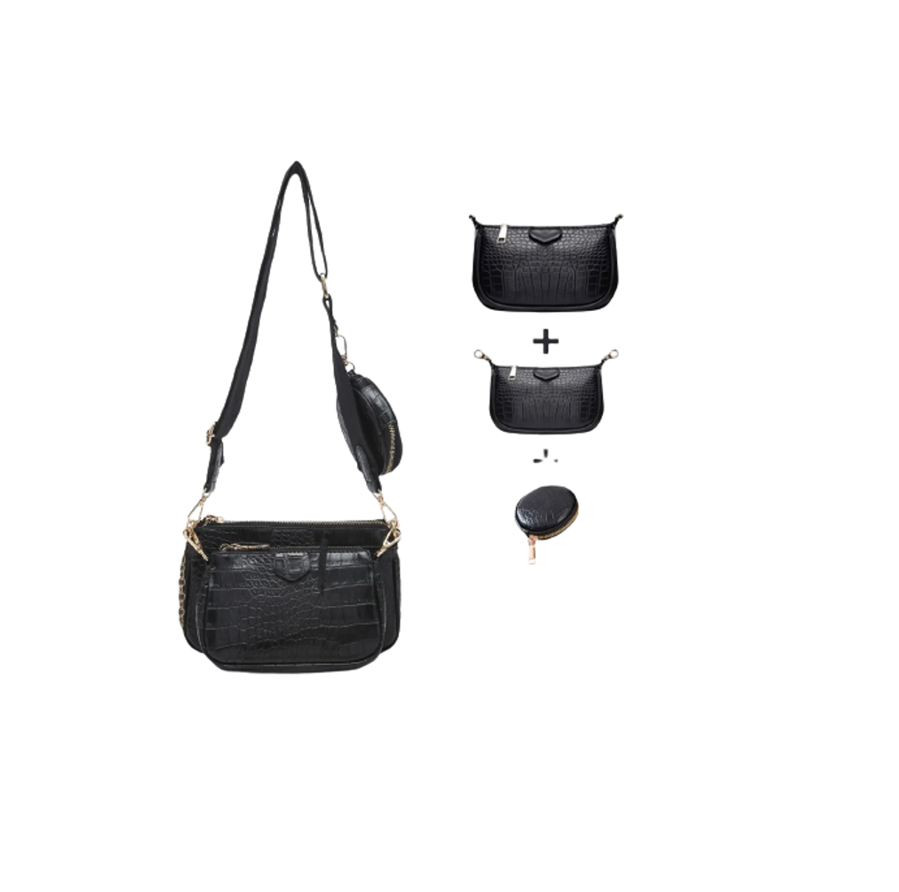 Bolsas para Dama 3 en 1 color Negro textura Cocodrilo