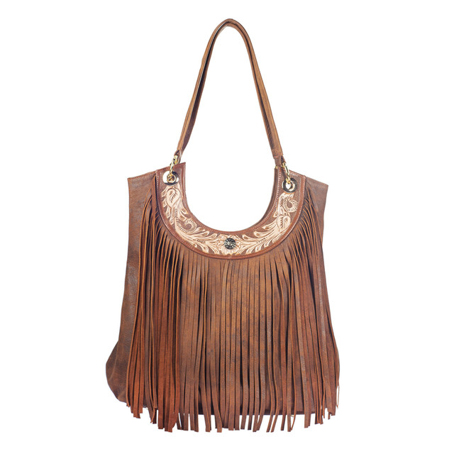 Bolso Tote Jessica A Ángelozano Camel Con Flecos Y Piel Cincelada Y Pintada A Mano