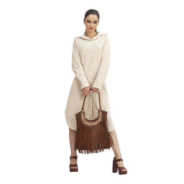 Foto 4 pulgar | Bolso Tote Jessica A Ángelozano Camel Con Flecos Y Piel Cincelada Y Pintada A Mano